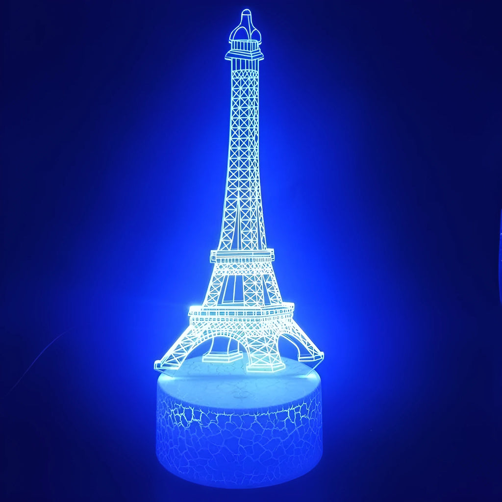 Eiffel Tower themed table lamp with multicolour LED glow on a acrylic shade.