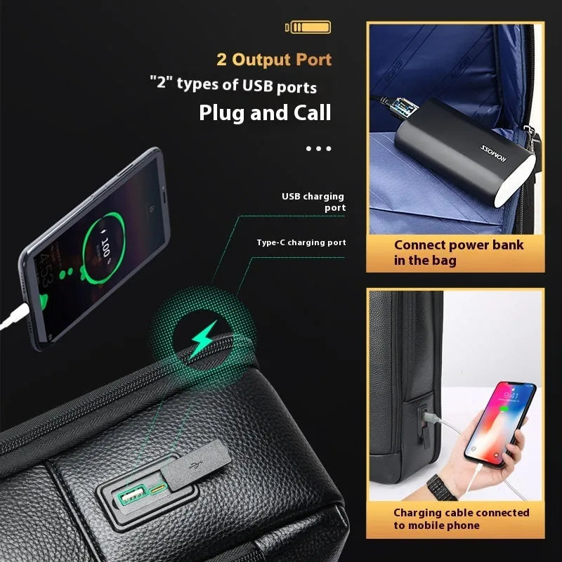 Black genuine leather business backpack with USB charging port and decorative stitching