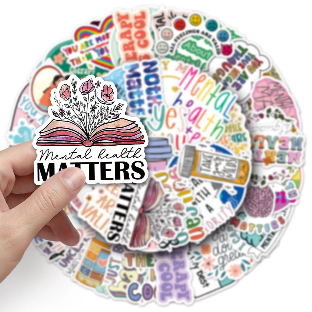 50 mental health graffiti stickers in English slogan designs, paper, 5.5-8.5cm, for phone cases and luggage
