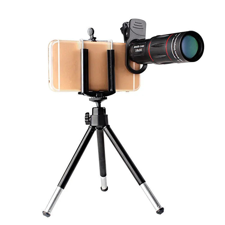 18x zoom mobile telephoto lens with universal phone clip and flexible aluminium tripod