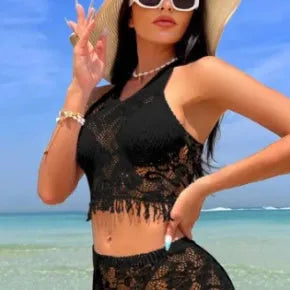 Women's white two-piece swimsuit with lace tassel beach cover-up skirt