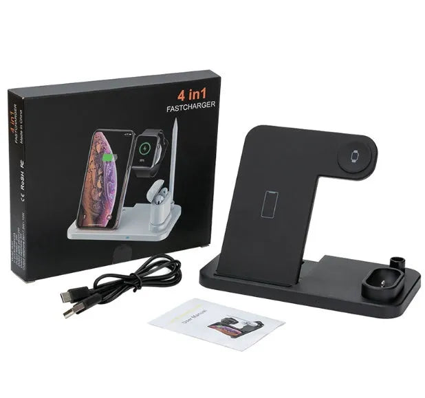 Black 4-in-1 wireless charging dock with phone on adjustable stand, Apple Watch and AirPods on charging modules