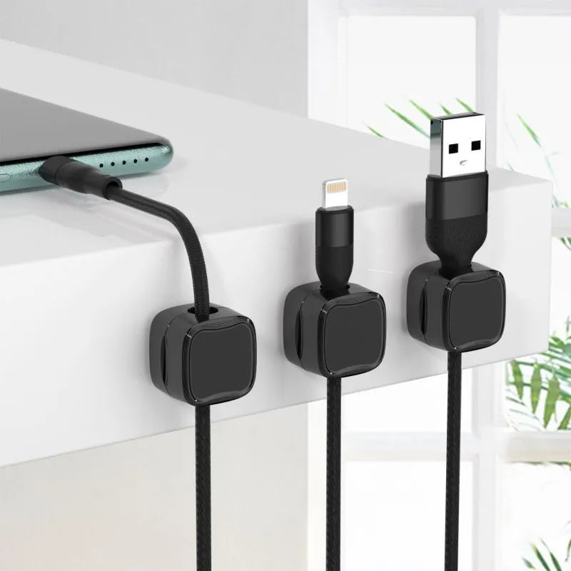 Magnetic cable clip under desk cable management organizer in black or white with adhesive backing