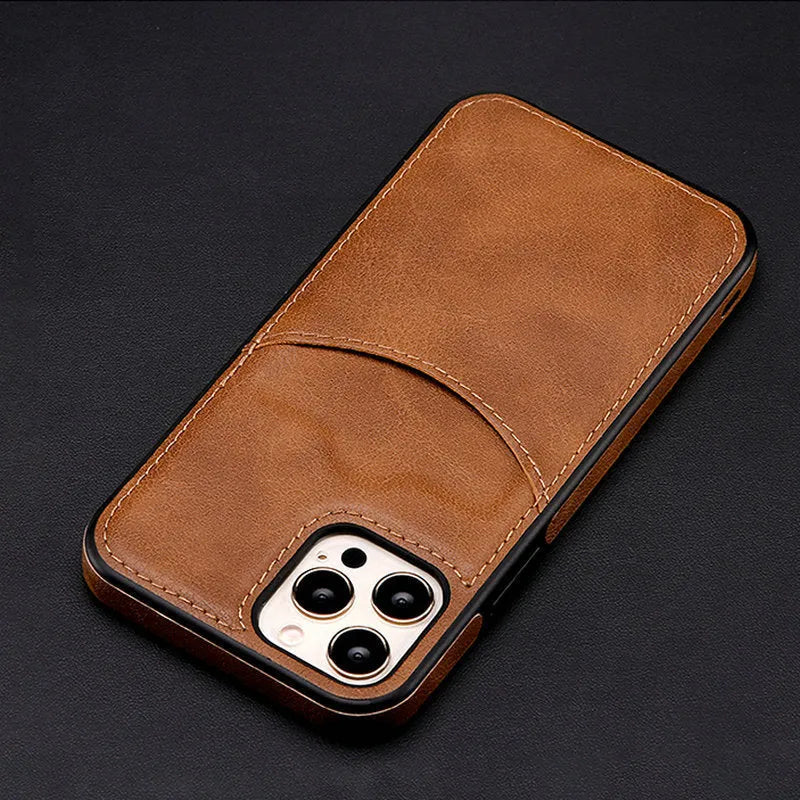 Dark blue PU leather protective case fitted on an iPhone, showing precise button and camera cutouts.