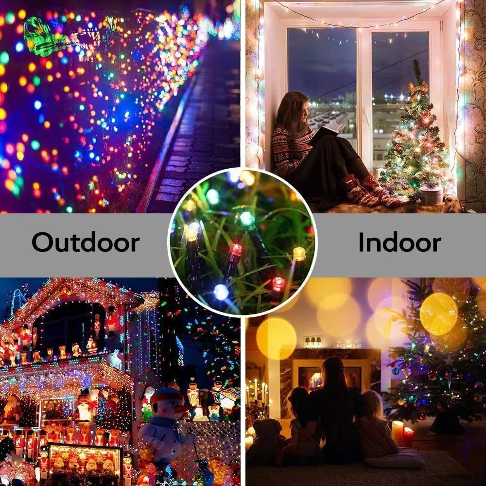 Solar-powered LED string lights with warm white bulbs on a garden fence at dusk