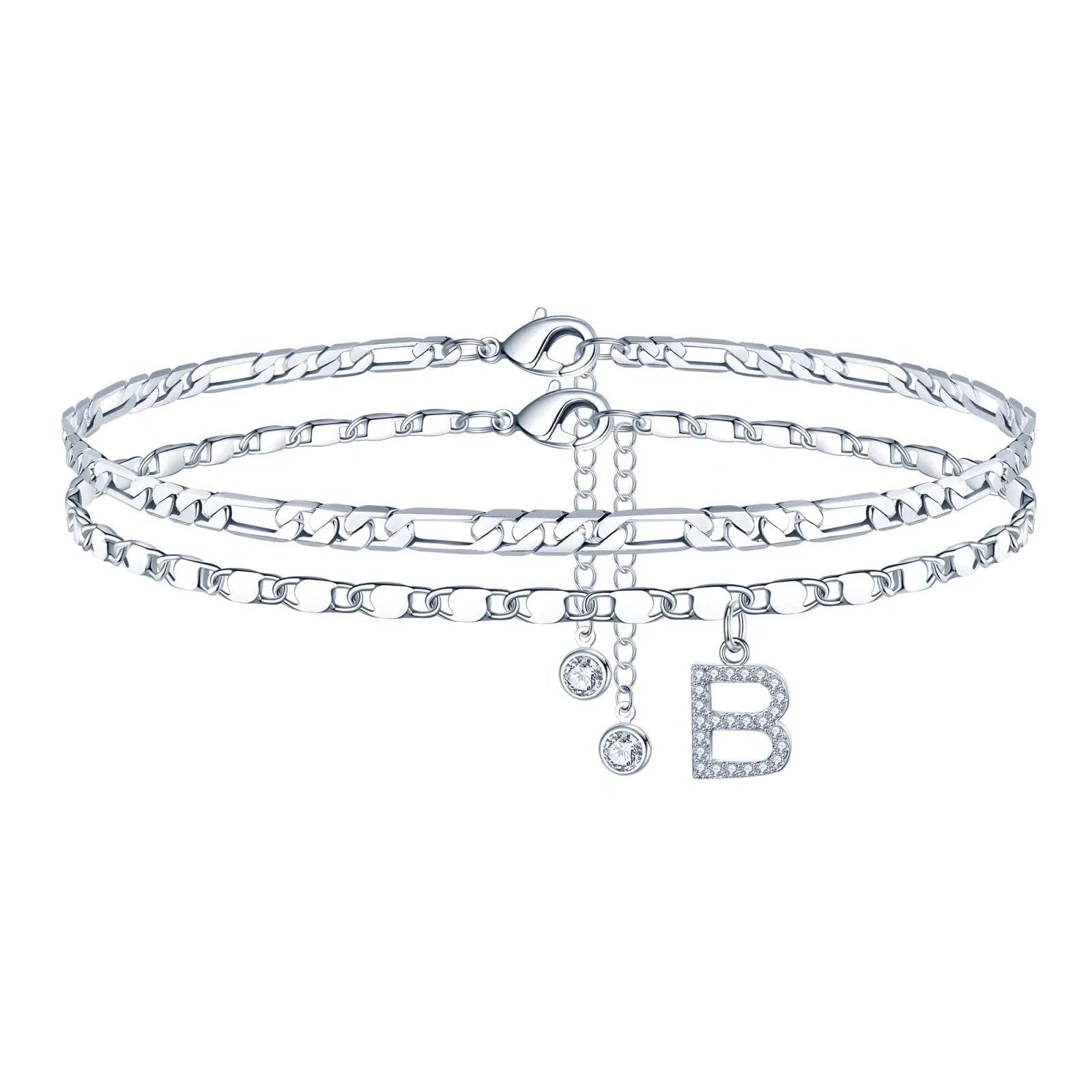 Silver colour copper anklet with double-circle design and text bead elements on ankle