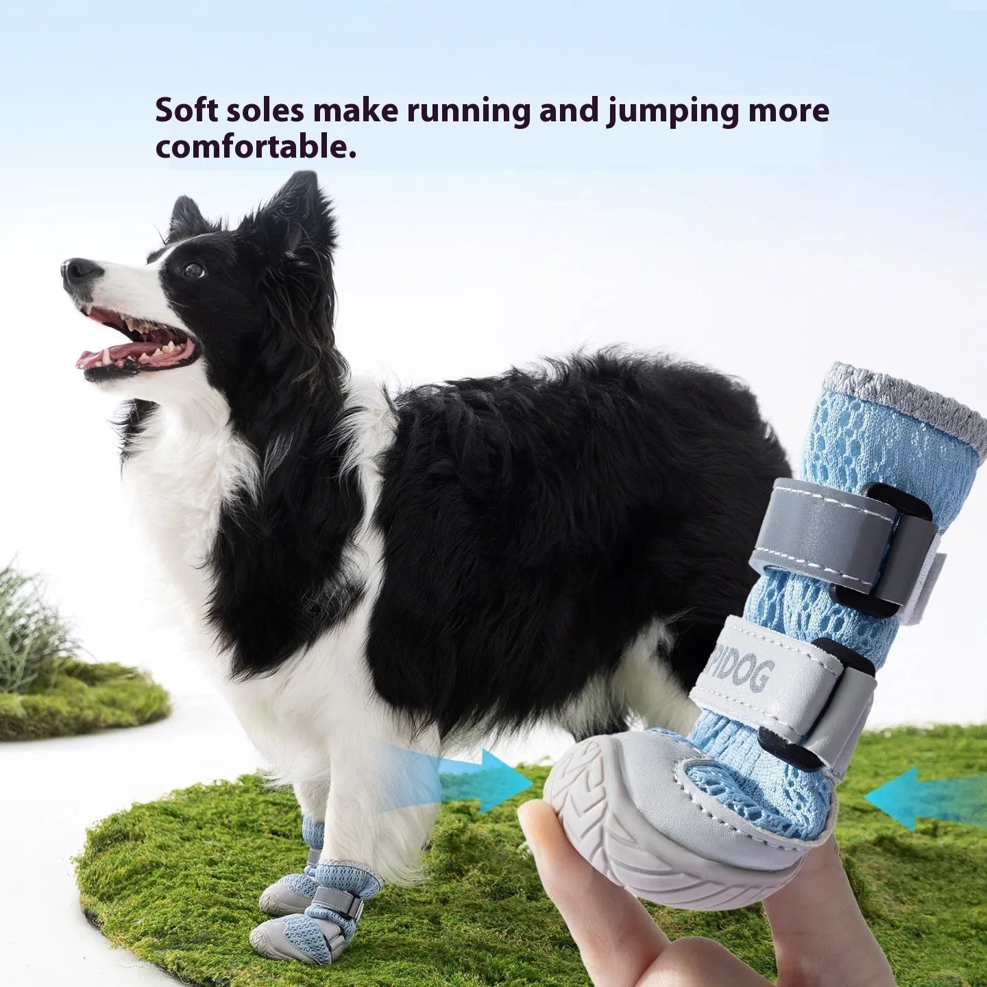 Pair of light blue breathable dog shoes with mesh upper and PU sole on a wooden surface.
