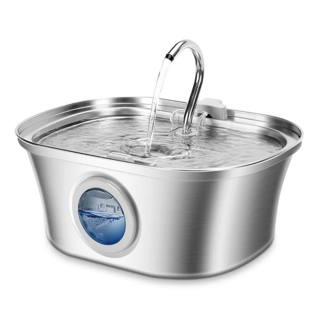 Stainless steel pet water dispenser with round basin and window faucet for dogs and cats.