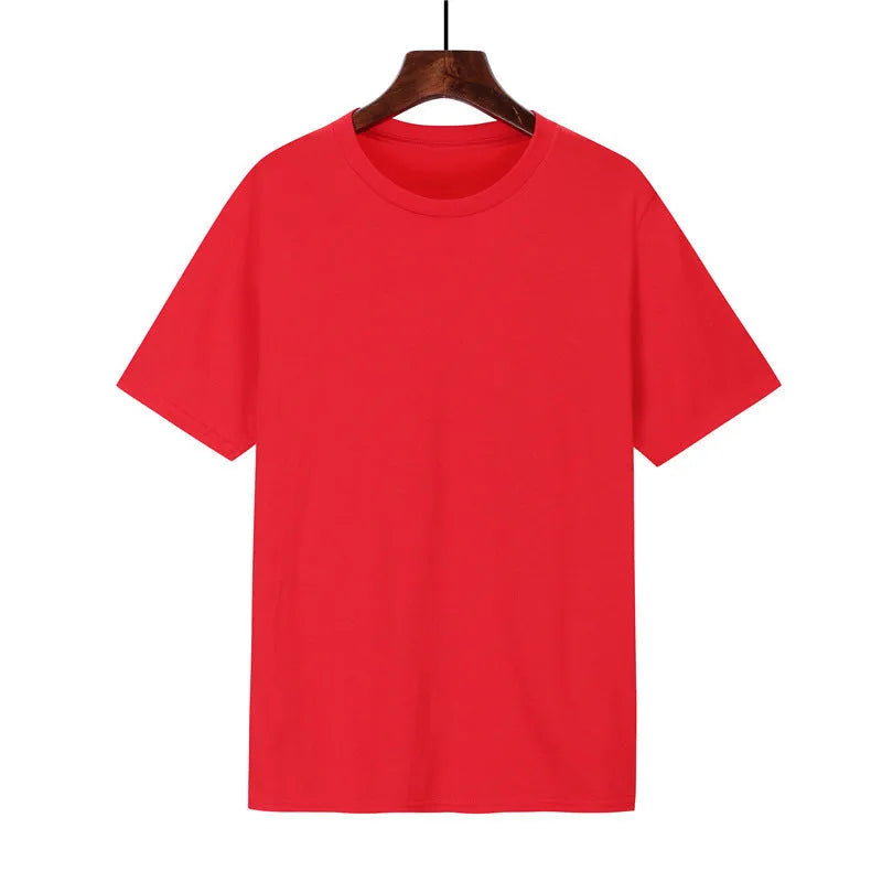 Men's loose fit short sleeve cotton T-shirt shown in multiple colour options on a size chart background.