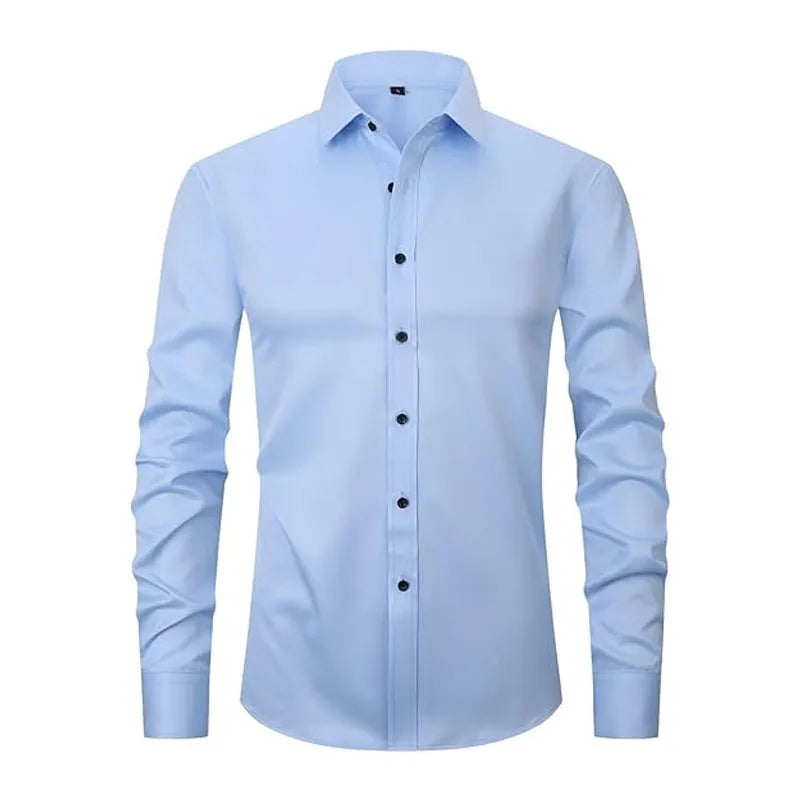 Man wearing a stretch polyester long sleeve work shirt in a blue colour, suitable for manual labour.