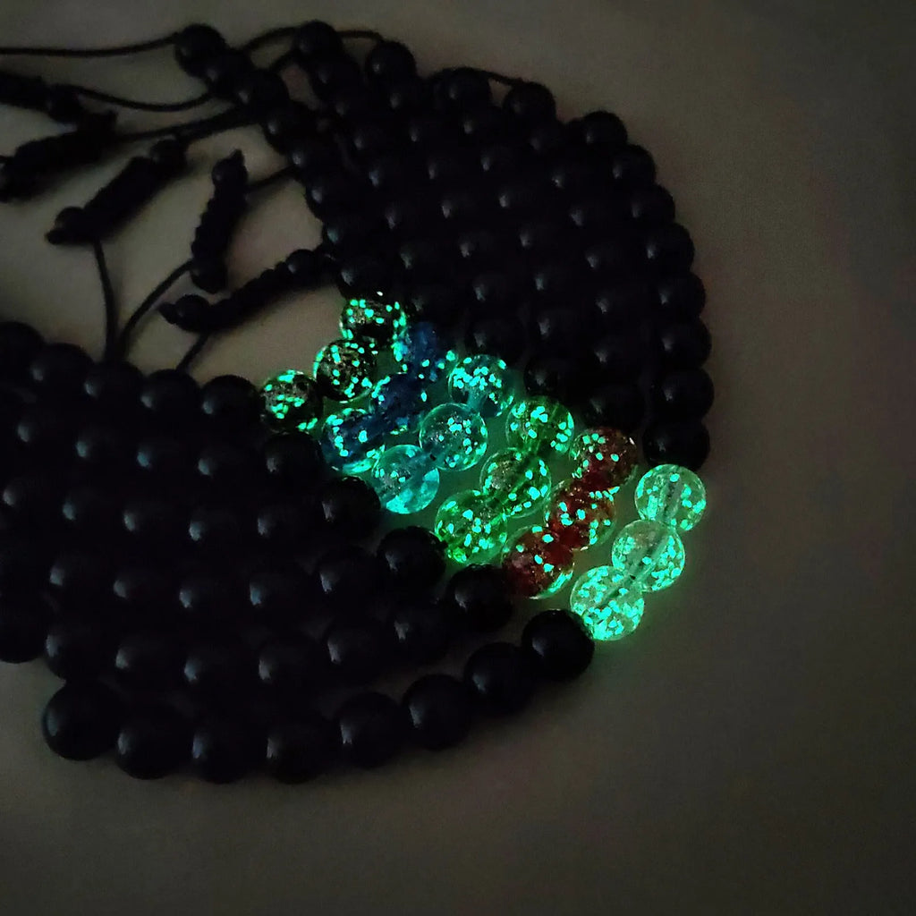 Adjustable luminous glass bead bracelet in geometry shape with coloured glaze finish