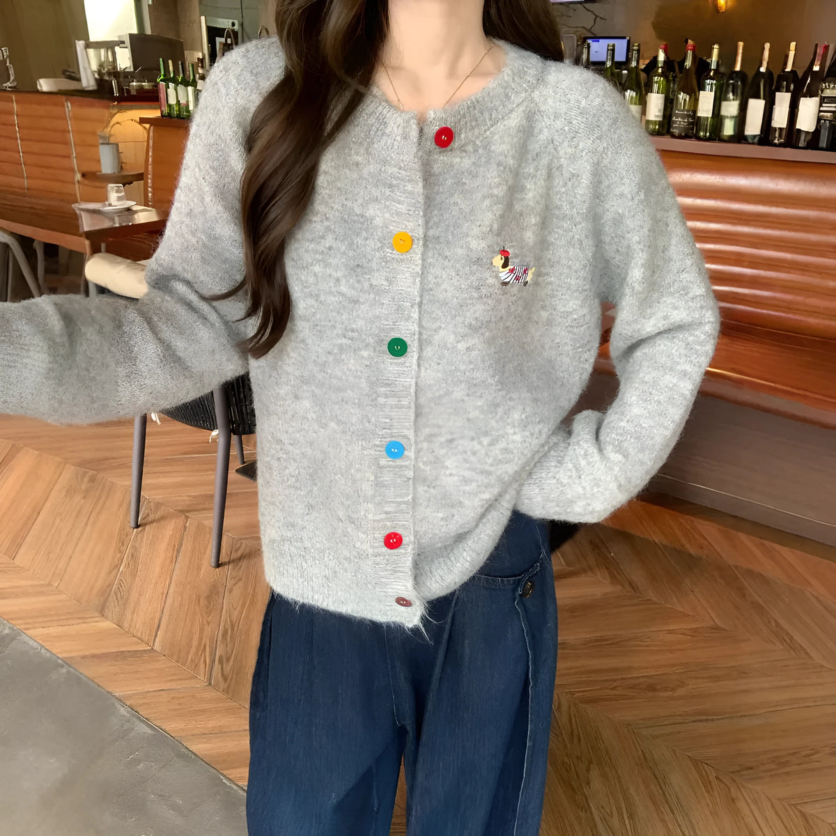 Women's round neck long sleeve cardigan with puppy pattern and buttons, acrylic knit, free size, 50cm length