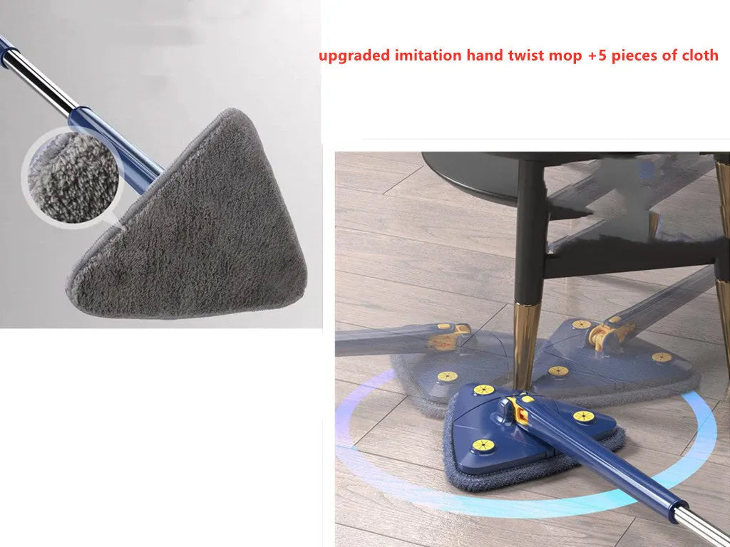 Extendable blue triangle mop with 360 rotating head and automatic water squeezing mechanism
