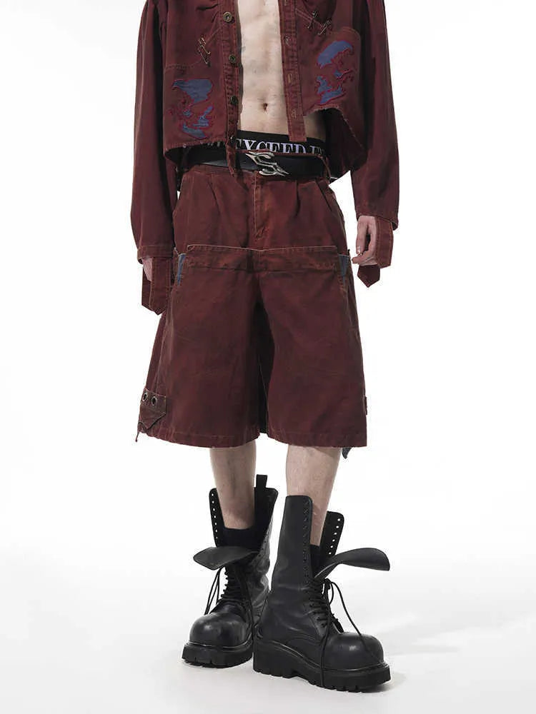 Men's black double waist loose cropped trousers with stitching detail and elastic waistband