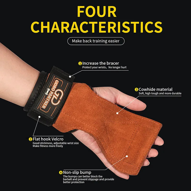 Pair of maroon cowhide palm protectors for fitness and weightlifting, non-slip leather hand guards for adults