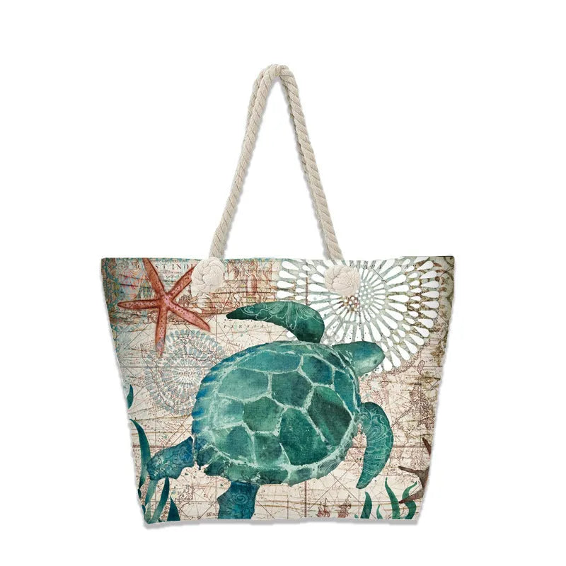 Printed women's canvas beach bag large capacity horizontal square tote with open outer pocket