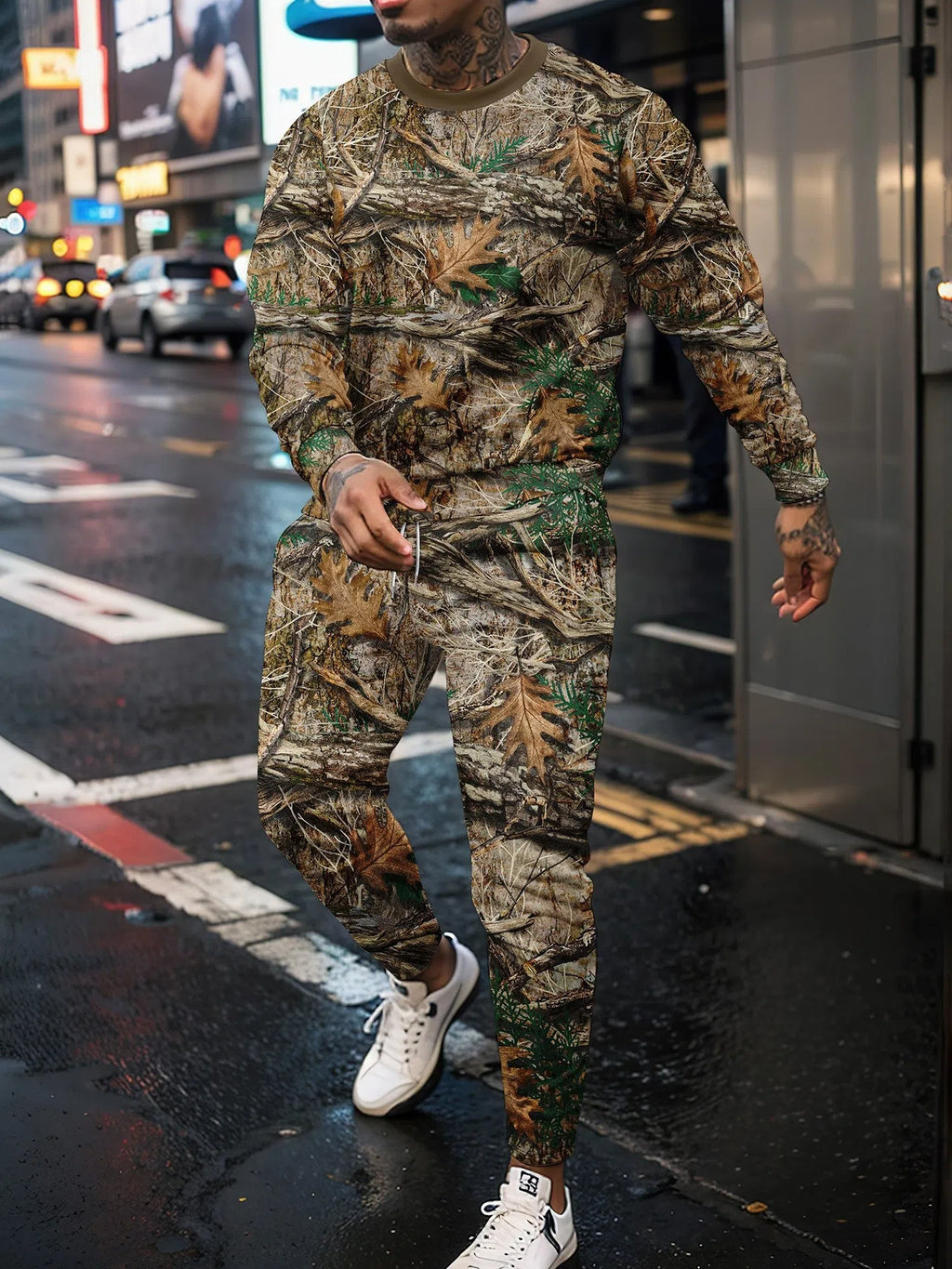 Men's round neck jungle camouflage long sleeve top and trousers sportswear set on model
