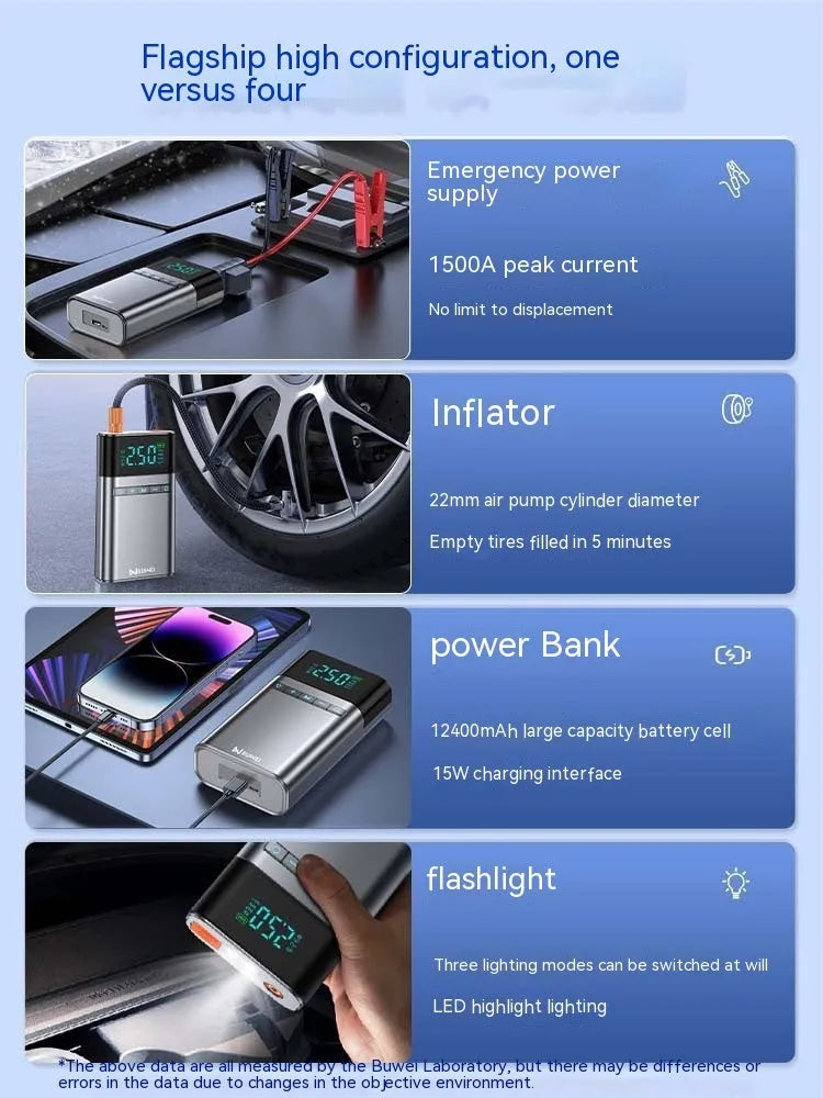 12400mAh car jump starter emergency power supply with aluminium alloy housing and LED light