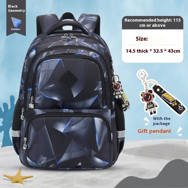 Blue children's school backpack made from Oxford cloth with curved straps, shown in a dinosaur pattern design.