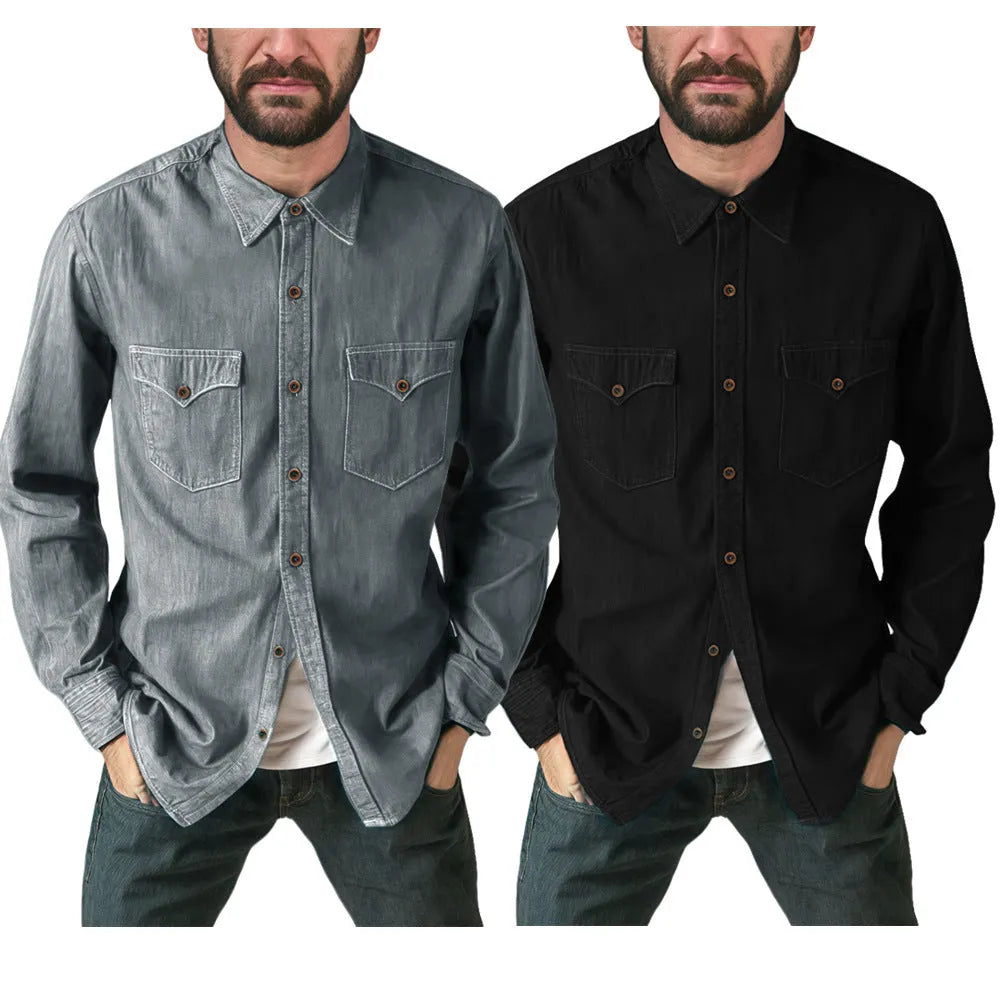 Cotton denim cardigan coat in khaki on a hanger, showing button front and regular fit.