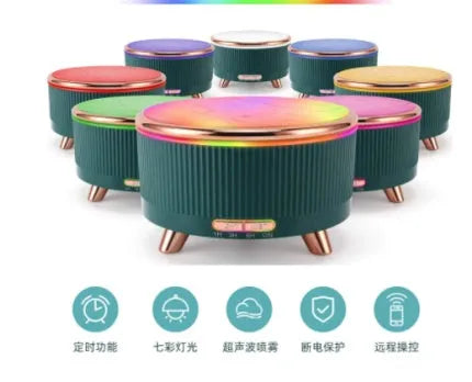 Round wood grain ultrasonic aroma diffuser with 500ml tank, five colour options, on a desktop