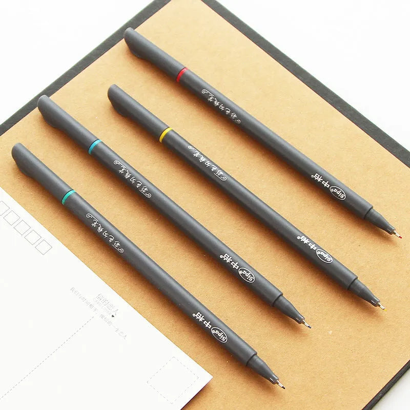 Set of ten 15.8cm long black hook line pens with 0.38mm tips for technical drawing.
