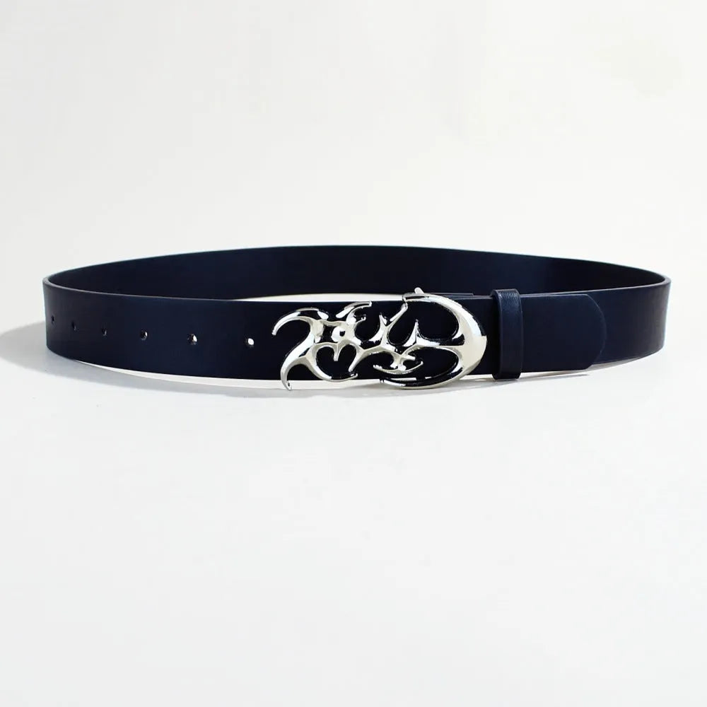 Casual silver buckle PU leather belt showing 3.3cm width and snap button fastening