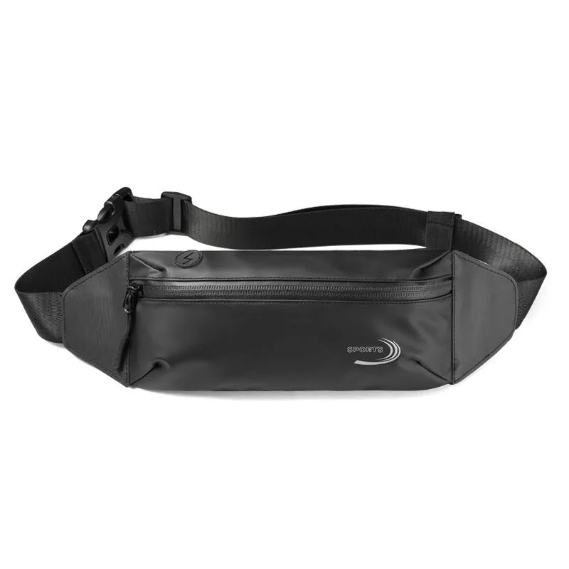 Men's black waterproof polyester waist bag with zip, shown at 45cm wide.
