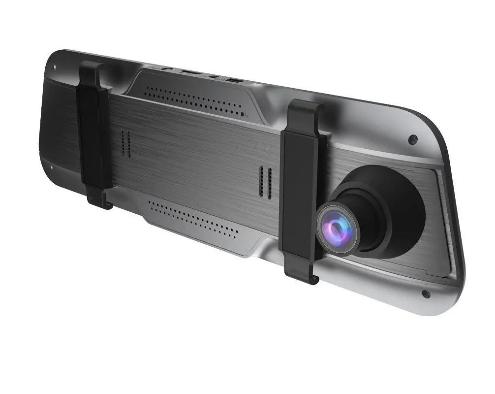 Black rearview mirror format driving recorder with large touchscreen display
