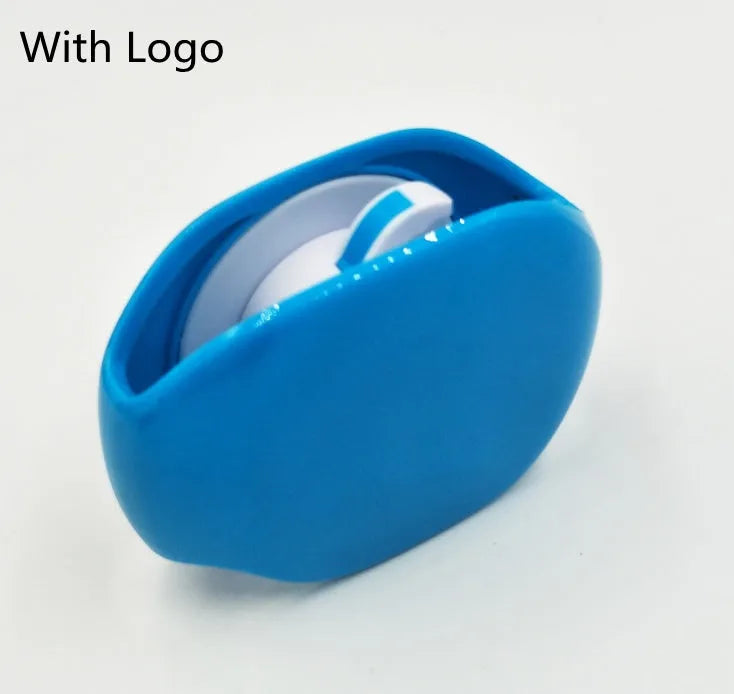 Automatic earphone cable winder showing white, blue, and black units with cable retracted into 72mm storage box.
