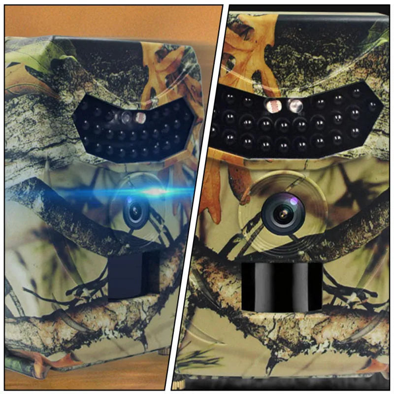 Yellow brown 16MP infrared game trail camera showing lens and housing on a tree branch.