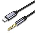 Silver and black nylon audio cable with 3.5mm connectors in three different lengths.