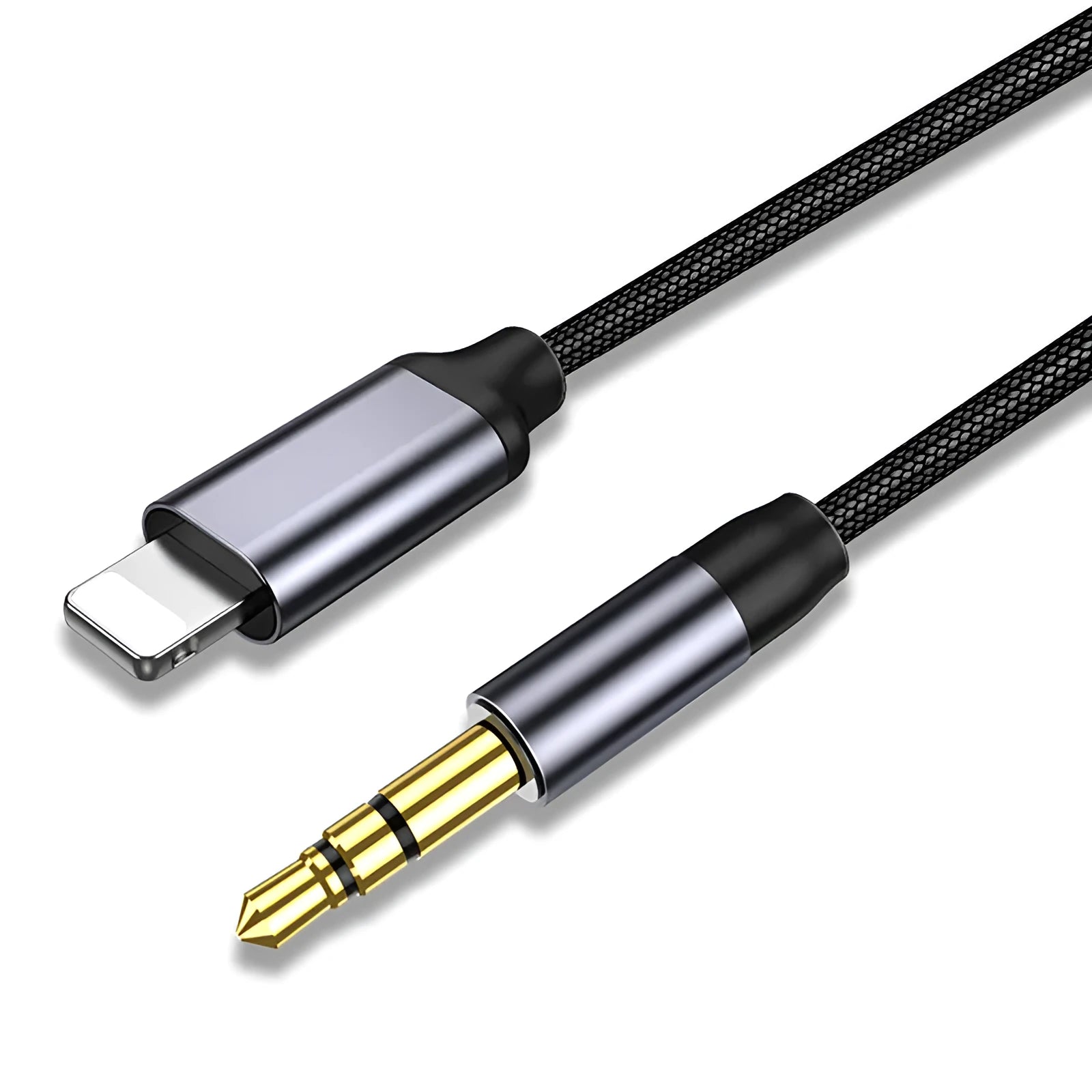Silver and black nylon audio cable with 3.5mm connectors in three different lengths.