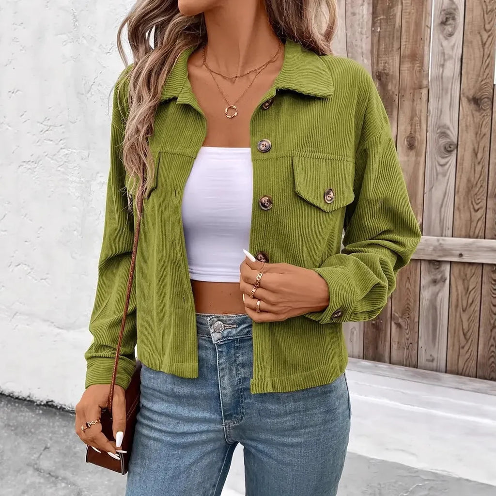 Women's retro style loose fit shirt coat jacket with long sleeves and button front in six colour options