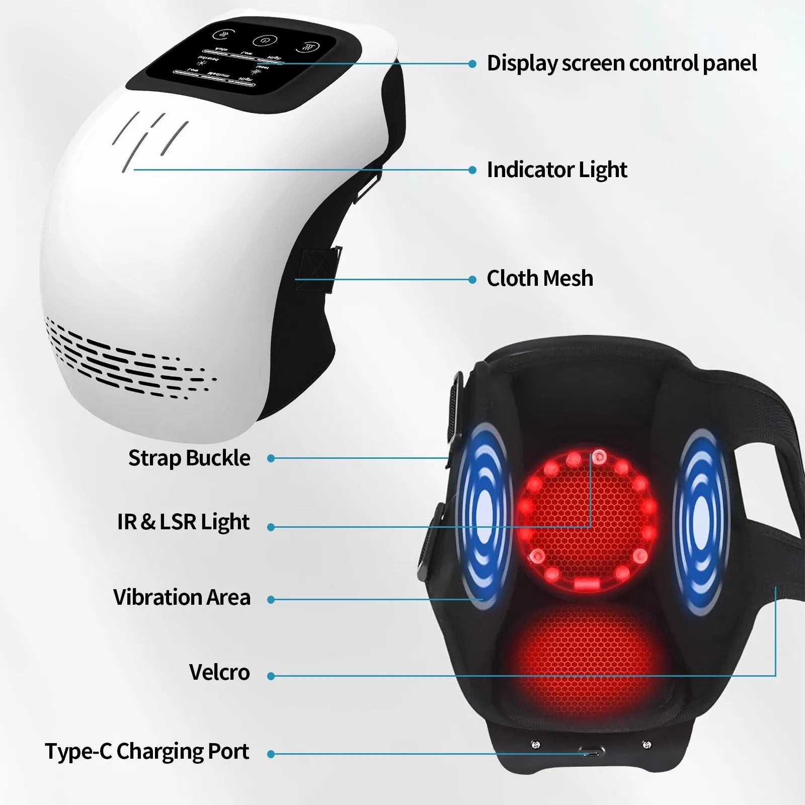 White rechargeable knee massager with infrared laser heating and intelligent kneading functions