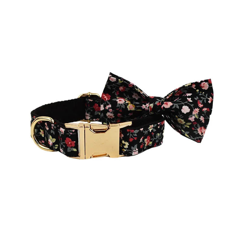 Cloth dog collar set with removable bow print includes matching leash, bow accessory, and vest in multiple sizes