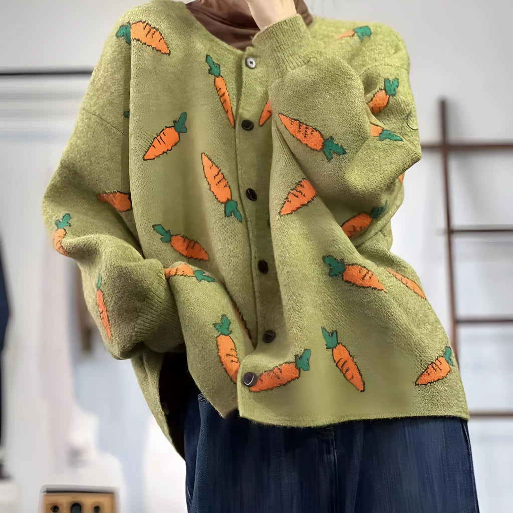 Round neck loose casual cardigan with Mori artistic printing and colour contrast on viscose fabric