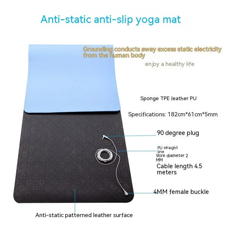 Blue conductive yoga mat with floral pattern, grounding wire, and non-slip surface.