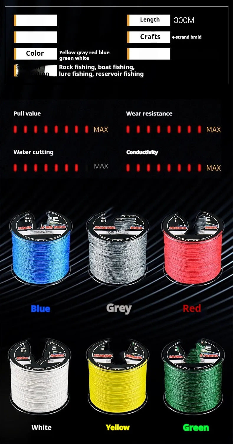 Spool of Dali Mayu 300 metre PE braided fishing line showing multiple colour options