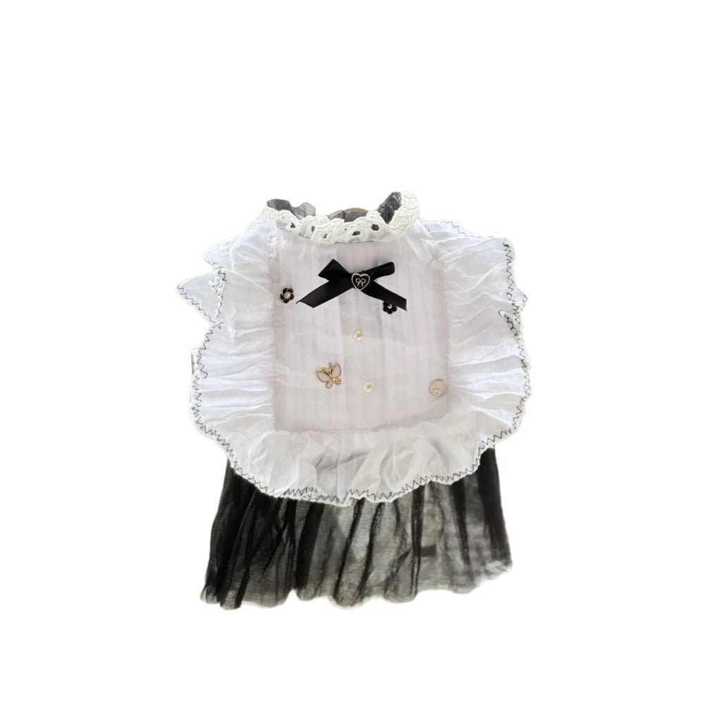 White yarn-trimmed polyester gauze skirt for a small dog on a mannequin, showing princess style.