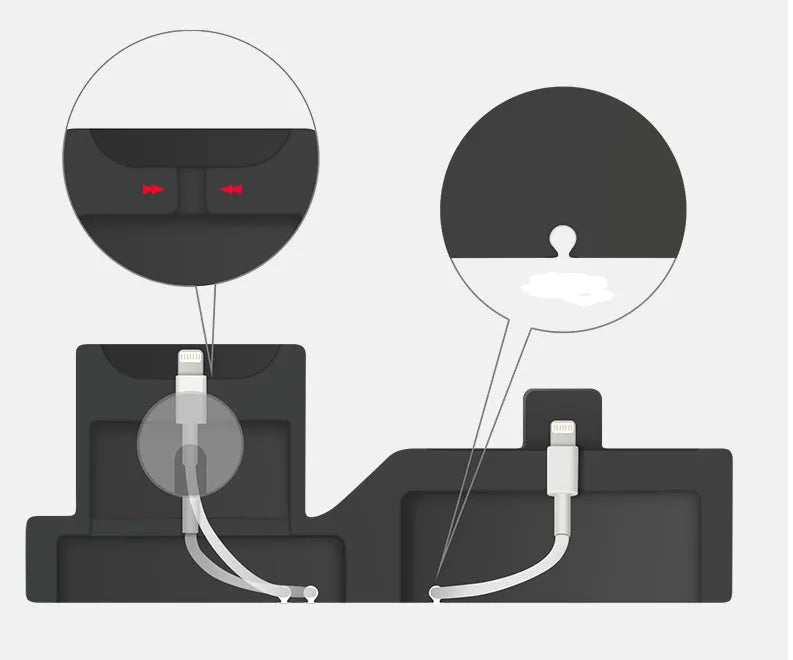 Black silicone 3-in-1 wireless charging station for Apple Watch, AirPods and iPhone on a desk