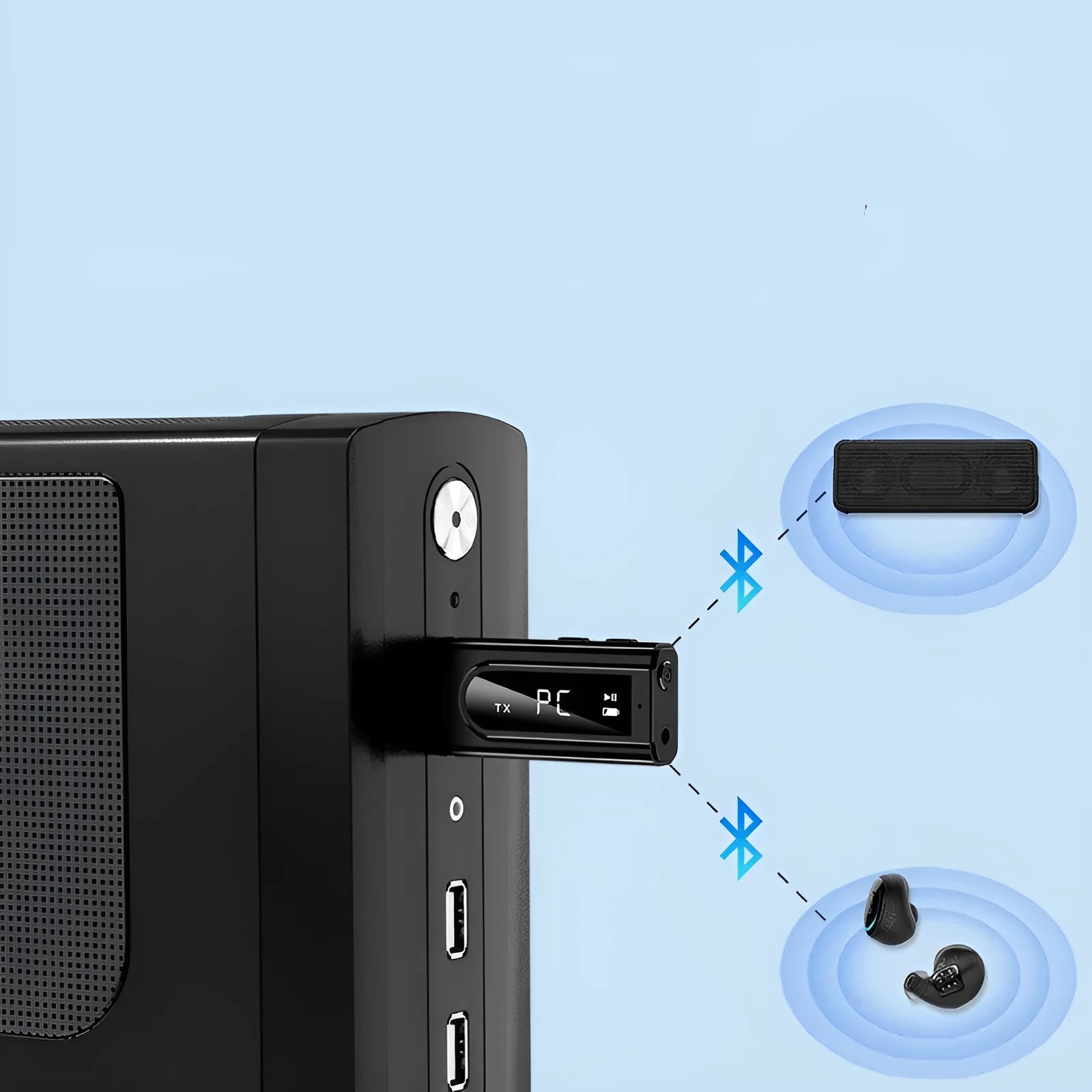 Black USB car Bluetooth receiver with AUX output port for wireless music streaming to car stereo.