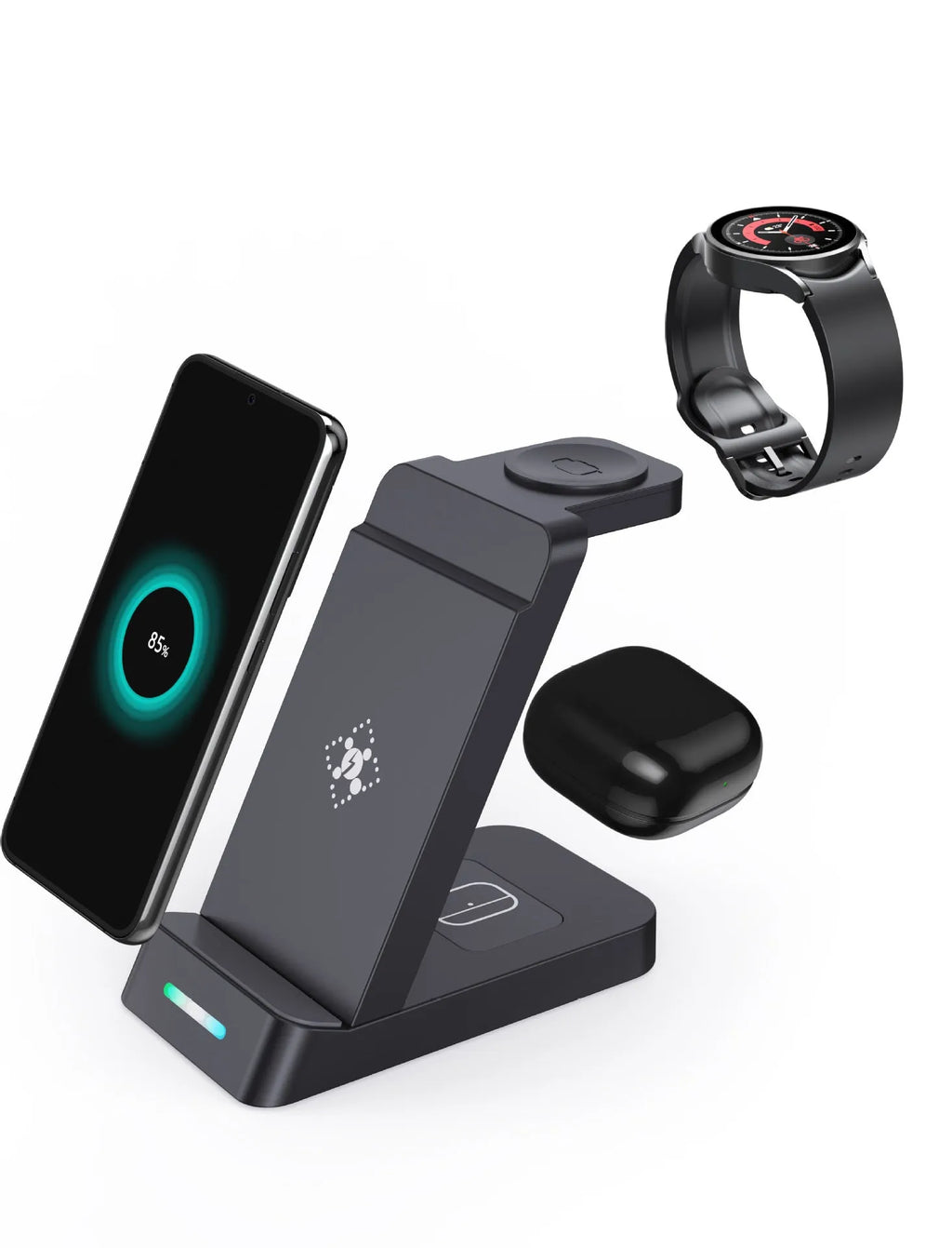 Black 3-in-1 wireless charging station showing a phone, Apple Watch, and AirPods case charging on a compact stand.