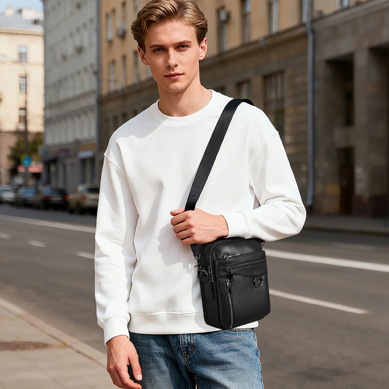 Men's black genuine leather single crossbody messenger bag with stitching detail for business travel