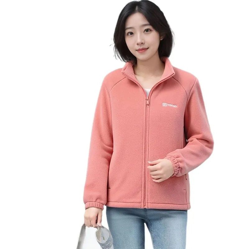 Polar fleece jacket cardigan with stand collar and zipper front in orange colour, polyester fabric, available in sizes S to XXL