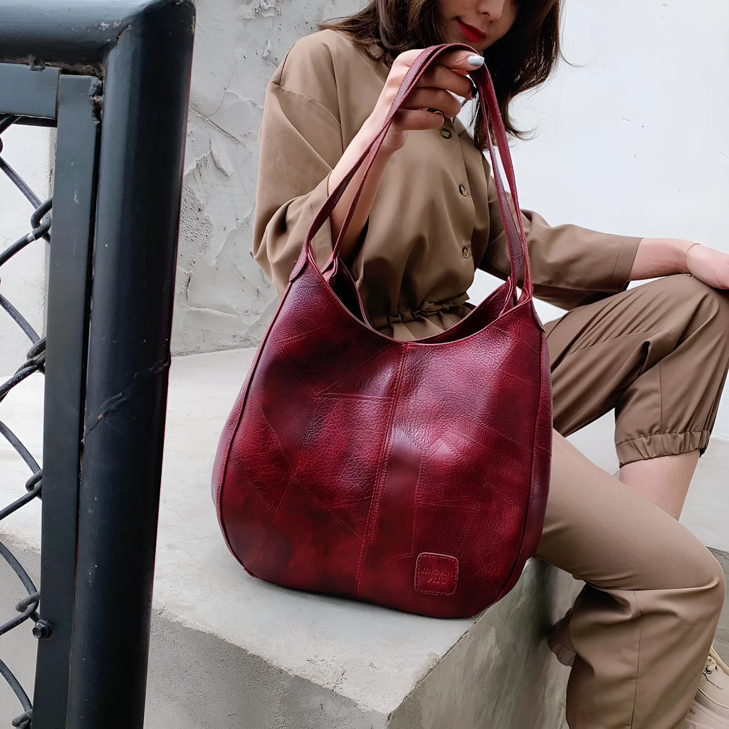 Vintage women's large PU leather shoulder bag tote in solid colour with double straps, black, brown, khaki, red options