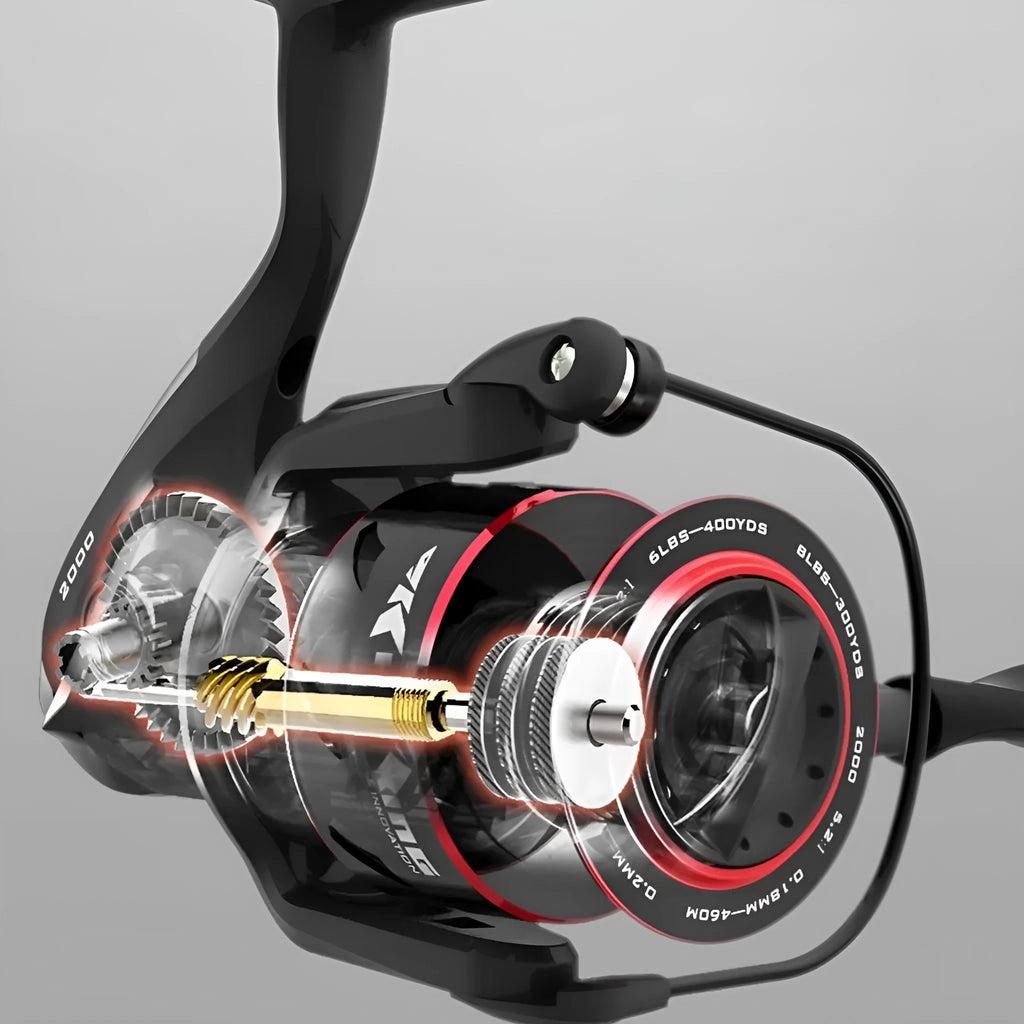 All-metal spinning fishing reel shown in four series sizes with telescopic fishing rod