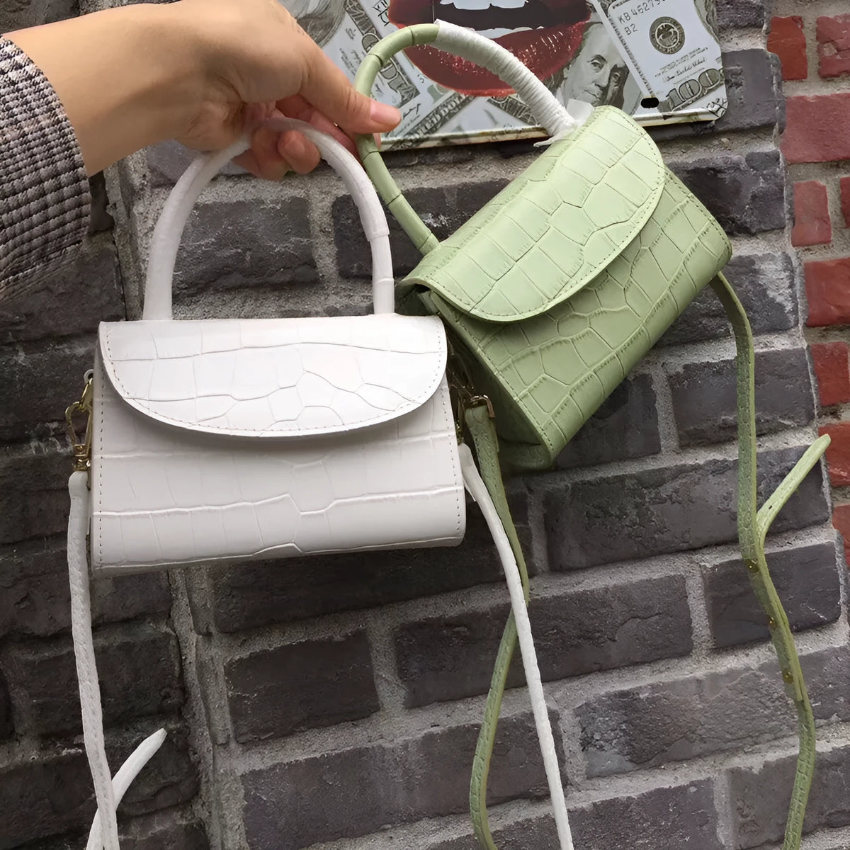 Leather handbag with hard handle, horizontal square shape, 17.5 cm x 7 cm x 11 cm, cover type, in black, blue or light green.