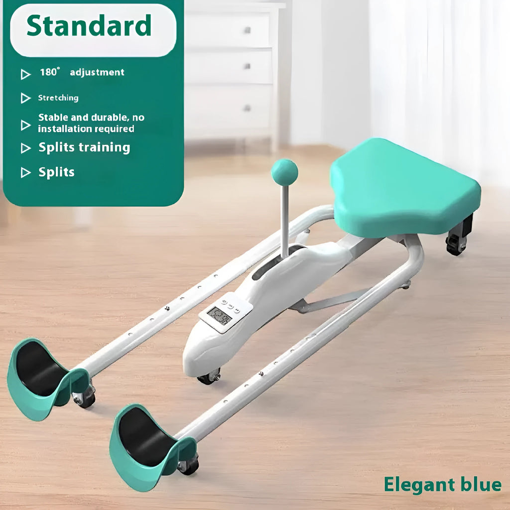 Pink and blue horse leg opener stretching equipment with steel frame and foam padding.