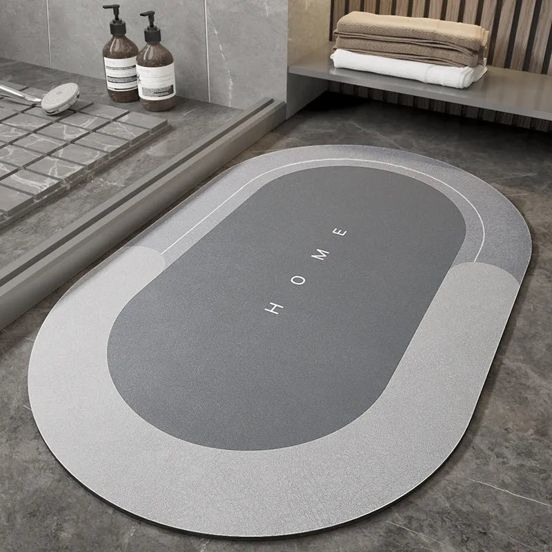 Machine woven bathroom floor mat in blended material showing oval and rectangle shape options